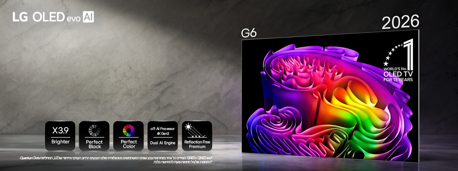 טלוויזיית LG OLED evo AI G6 מופעלת על ידי טכנולוגיית Hyper Radiant Color, מציגה תמונה מופשטת ומלאת חיים של אומנות נייר על המסך, עם סמלים לבהירות שיא גבוהה יותר פי 3.9, שחור מושלם, צבע מושלם, מעבד alpha 11 AI 4K Gen3 Dual AI Engine ו-Reflection Free Premium.