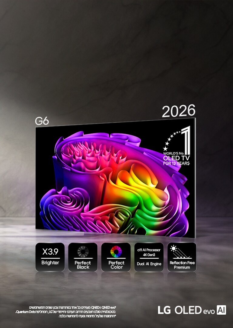 טלוויזיית LG OLED evo AI G6 מופעלת על ידי טכנולוגיית Hyper Radiant Color, מציגה תמונה מופשטת ומלאת חיים של אומנות נייר על המסך, עם סמלים לבהירות שיא גבוהה יותר פי 3.9, שחור מושלם, צבע מושלם, מעבד alpha 11 AI 4K Gen3 Dual AI Engine ו-Reflection Free Premium.
