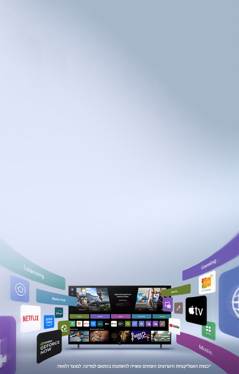 טלוויזיה חכמה של LG מציגה את מסך הבית של webOS עם אפליקציות בידור ואלמנטים של LG Channels המתפרסים באופן דינמי, ומדגישים מעל 4,000 אפליקציות וערוצים מכל העולם.
