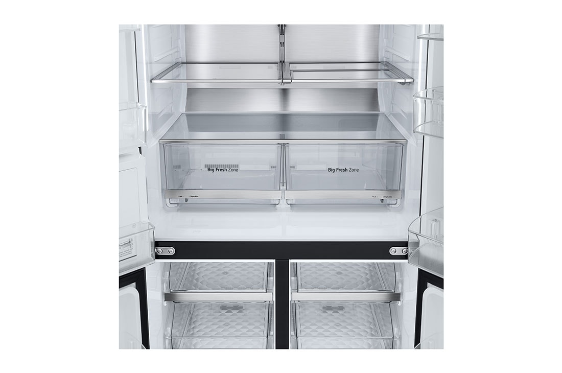 LG מקרר LG עם דלתות בסגנון צרפתי, עם מערכת InstaView בזכוכית שחורה, בגימור פלדה שחורה יוקרתי בנפח 847 ליטר, front door open view , GR-930BINS, thumbnail 5