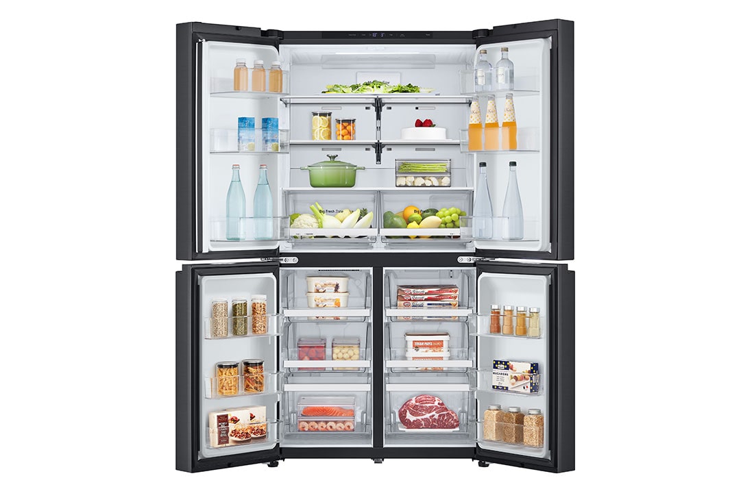 LG מקרר עם דלתות בסגנון צרפתי, גימור פלדה שחורה יוקרתי בנפח 872 ליטר, מבט קדמי (דלת פתוחה, מקרר מלא), GR-929B, thumbnail 3