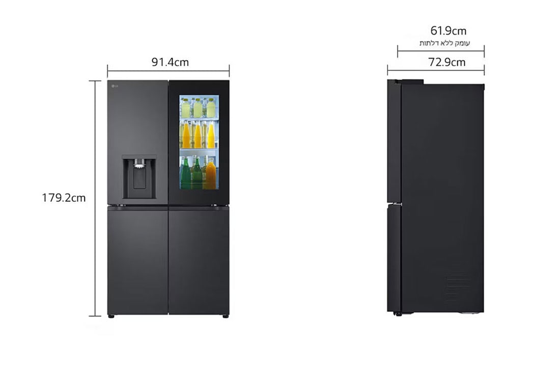 LG מקרר LG עם דלתות בסגנון צרפתי, עם מערכת InstaView  בזכוכית שחורה, בגימור פלדה שחורה יוקרתי בנפח 638 ליטר, dimension view , GR-730BINS, thumbnail 2