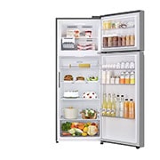 LG המקפיא העליון החדש של LG עם <br>™Smart Inverter וטכנולוגיית ™LINEAR Cooling בנפח 461 ליטר, מבט קדמי דלתות פתוחות ומזון בתוך המקפיא, GR-B6681SE, thumbnail 3