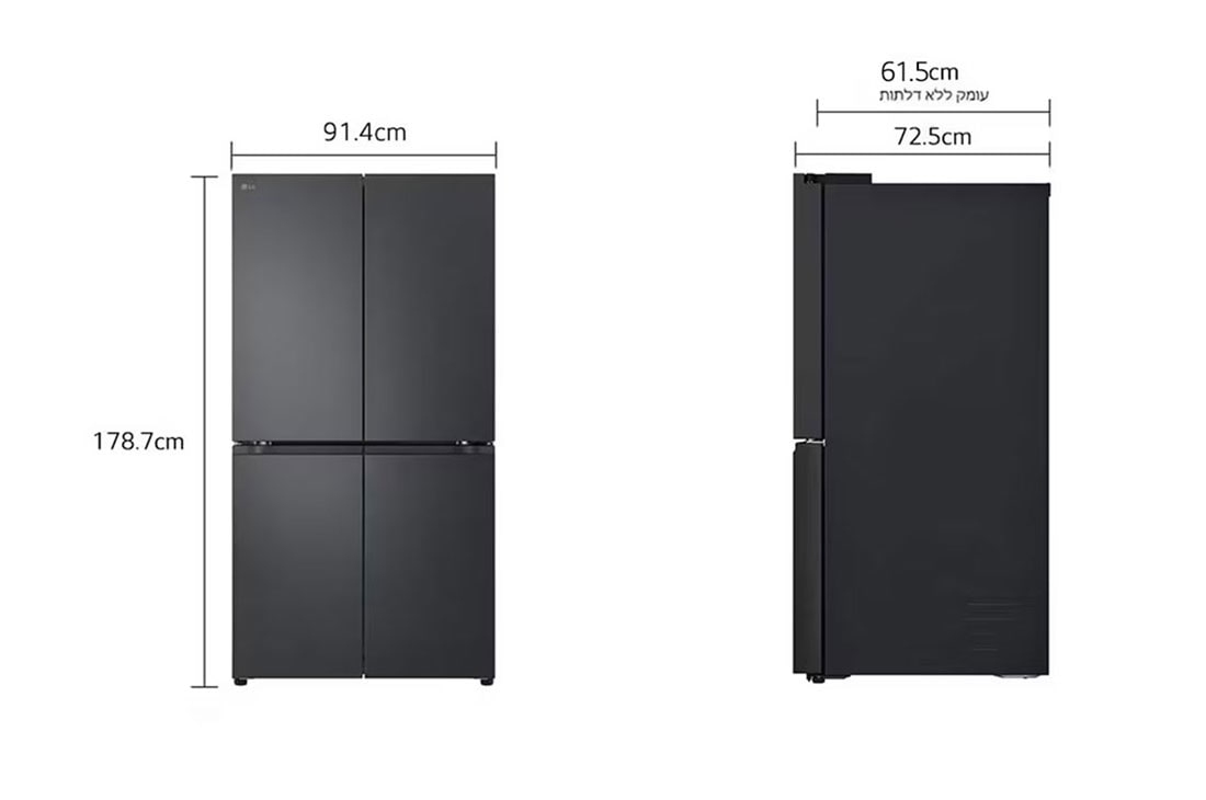 LG מקרר עם דלתות בסגנון צרפתי, גימור פלדה שחורה יוקרתי בנפח 665 ליטר, מבט קדמי (דלת פתוחה, מקרר מלא), GR-728B