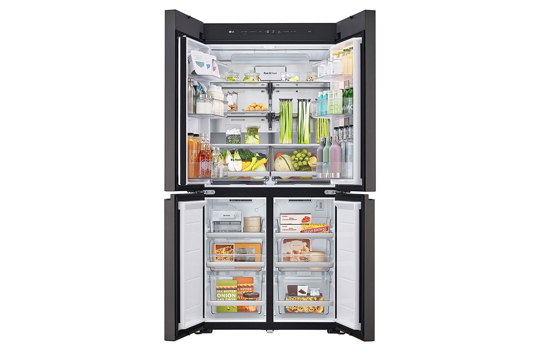 LG מקרר™InstaView עם טכנולוגיית MoodUP®‎ בעל דלתות לד במגוון צבעים ונפח של 617 ליטרים, דלתות צרפתיות, Fron open with food, R-4D760MDUP, thumbnail 3