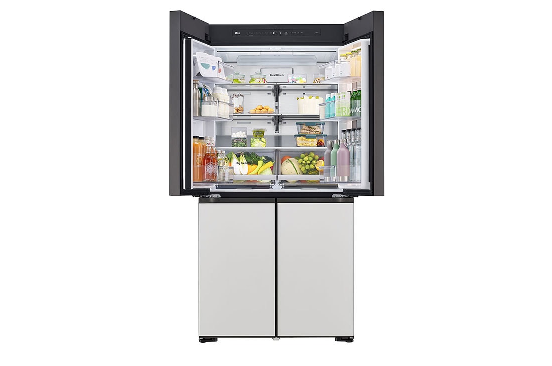 LG מקרר™InstaView עם טכנולוגיית MoodUP®‎ בעל דלתות לד במגוון צבעים ונפח של 617 ליטרים, דלתות צרפתיות, Top freezer door open with food, R-4D760MDUP, thumbnail 13