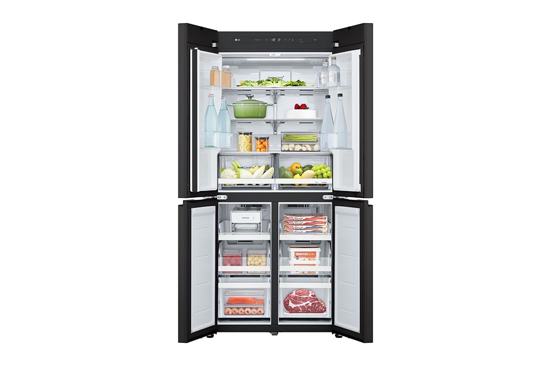 LG מקרר ארבע דלתות בקו אפס עם גימור זכוכית שחורה, בנפח 503 ליטר, Front open with content, GR-4D635BG, thumbnail 3