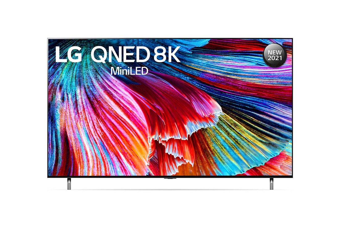 LG QNED TV 75 Inch QNED99 series, Cinema Screen Design 8K Cinema HDR WebOS Smart ThinQ AI Mini LED, מבט קדמי של טלוויזיית LG QNED, 75QNED99VPA