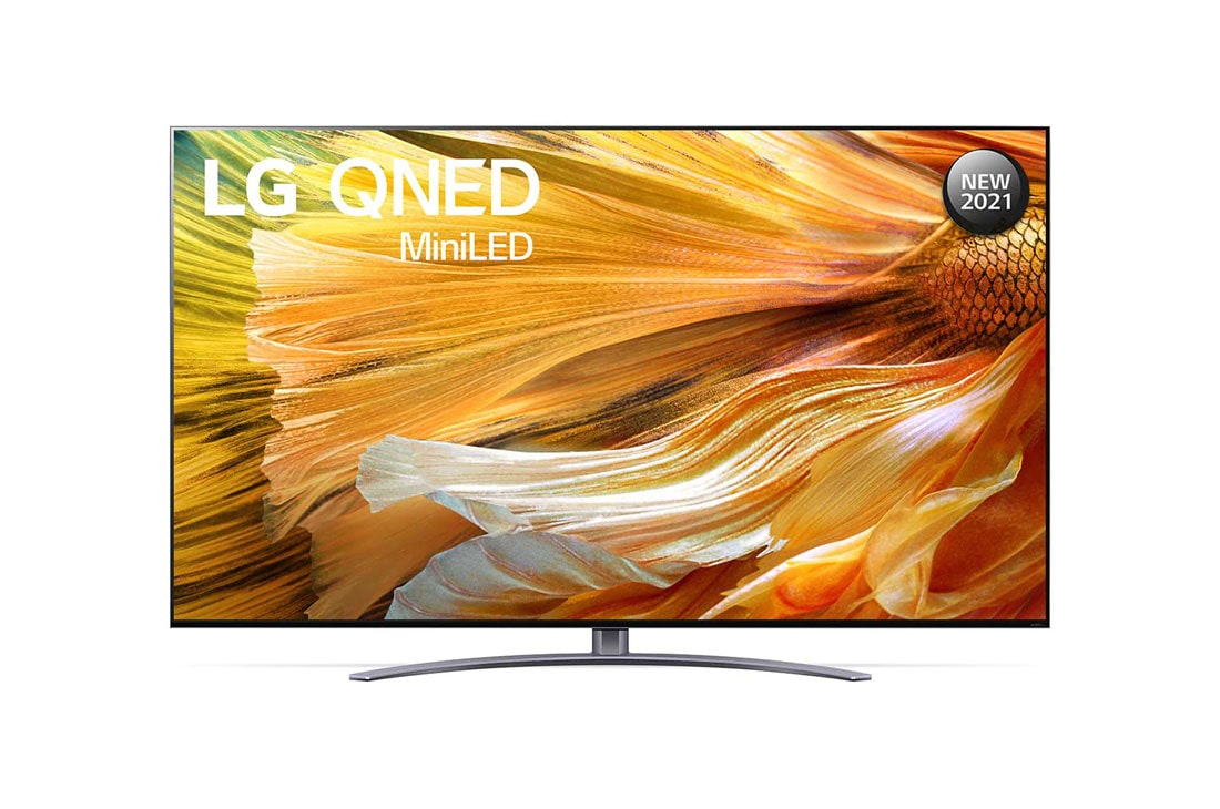 LG QNED TV 65 Inch QNED91 Series, Cinema Screen Design 4K Cinema HDR WebOS Smart ThinQ AI Mini LED, מבט קדמי של טלוויזיית LG QNED, 65QNED91VPA