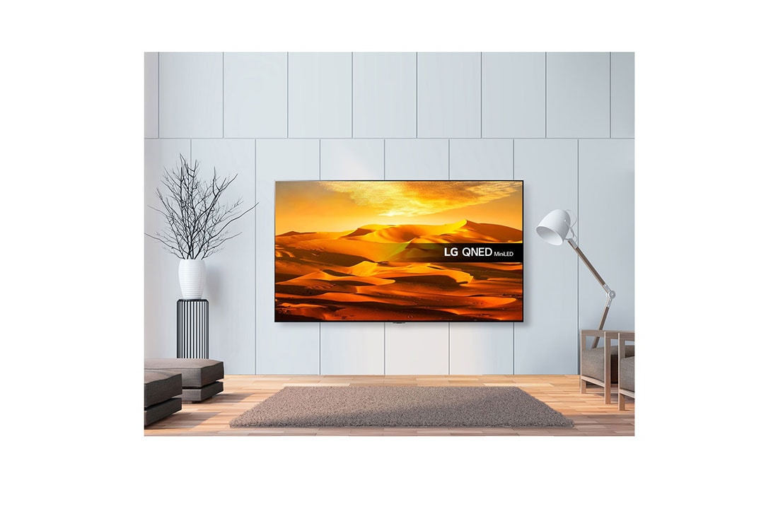 LG QNED91 65 Inch 4K Smart QNED MiniLED UHD webOS 22 ThinQ AI TV, תמונת סגנון חיים של QNED91. QNED91 מותקנת על הקיר ועל המסך רואים תמונת רקע, 65QNED916QA