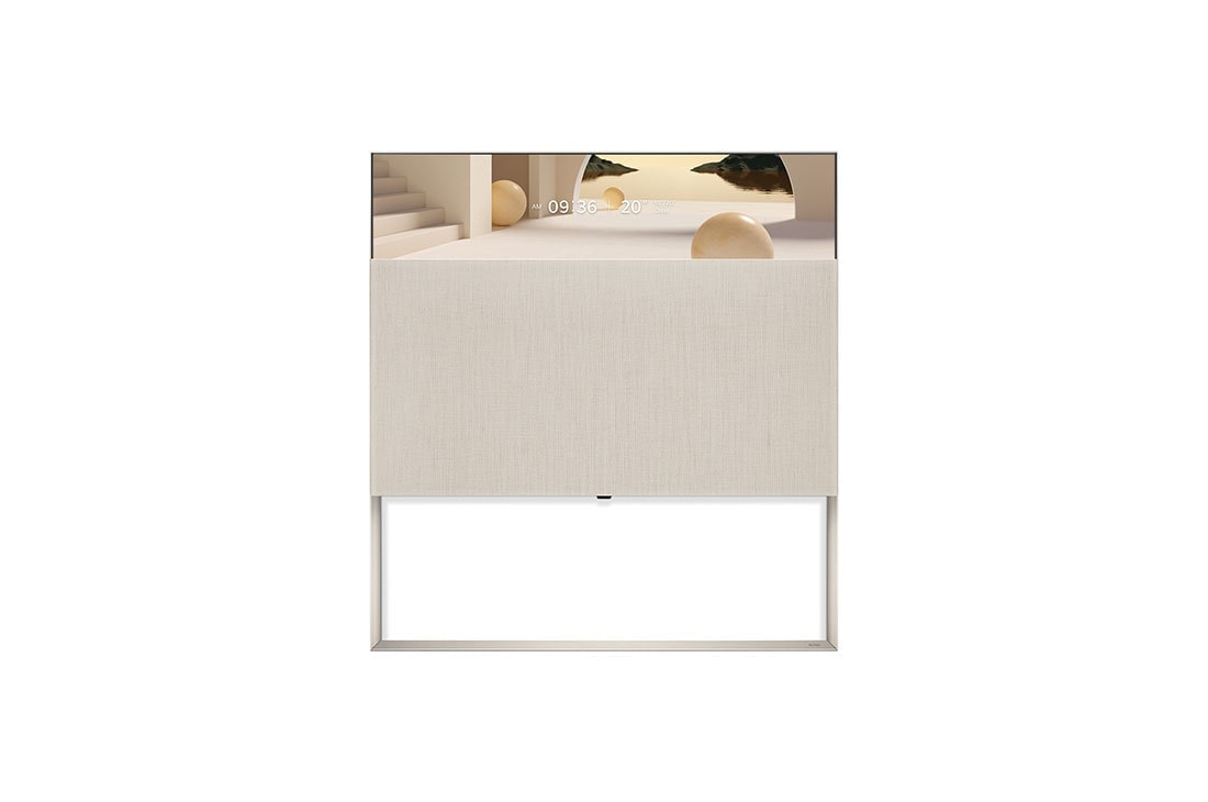 LG OLED Evo | קולקציית Object 65” Easel, ניתן לראות את Easel מלפנים עם פס תצוגה, ובו מוצג מצב שעון עם ערכת נושא אדריכלית בצבע בז‘., 65ART90E6QA, thumbnail 6