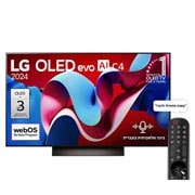 LG 48 אינץ' LG OLED evo AI C4 טלוויזיה חכמה 4K עם מעבד בינה מלאכותית אלפא 9 דור 7, שלט חכם, דולבי ויז'ין webOS24, ‏2024 , מבט קדמי על טלוויזיית LG OLED evo AI, מדגם OLED C4 שמוצגים על המסך שלה הסמל של טלוויזיית OLED מספר 1 בעולם במשך 11 שנים ברציפות והלוגו webOS Re:New Program, OLED48C46LA, thumbnail 1