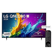 LG 86 אינץ' LG QNED AI QNED80  , טלוויזיה חכמה 4K עם בינה מלאכותית, שלט חכם, HDR10 ו-webOS24, ‏2024, Front view מבט קדמי על מסך הטלוויזיה LG QNED מסדרת QNED80 שעליו מופיעים הכיתוב LG QNED, 2024 והסמל webOS Re:New Program, 86QNED80T6B, thumbnail 1