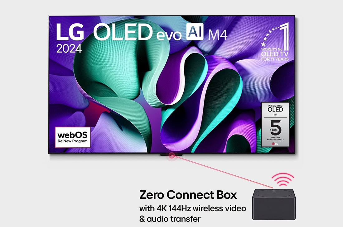 LG טלוויזיית True Wireless הראשונה מסוגה בעולם מדגם LG OLED evo AI M4 בגודל 83 אינץ' עם העברת וידאו ושמע ברזולוציה 4K‏ וקצב רענון של 144Hz, מבט קדמי על LG OLED TV, מדגם ‏OLED M4 SIGNATURE שמוצגים על המסך שלה הסמל של טלוויזיית OLED מספר 1 בעולם במשך 11 שנים ברציפות, הלוגו של webOS Re:New Program, הלוגו של 5 שנות אחריות על הפאנל, Zero Conne, OLED83M46LA