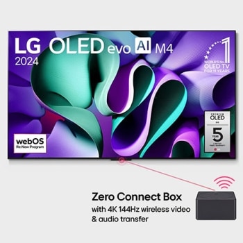 מבט קדמי על LG OLED TV, מדגם ‏OLED M4 SIGNATURE שמוצגים על המסך שלה הסמל של טלוויזיית OLED מספר 1 בעולם במשך 11 שנים ברציפות, הלוגו של webOS Re:New Program, הלוגו של 5 שנות אחריות על הפאנל, Zero Conne1