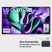 LG טלוויזיית True Wireless הראשונה מסוגה בעולם מדגם LG OLED evo AI M4 בגודל 65 אינץ' עם העברת וידאו ושמע ברזולוציה 4K‏ וקצב רענון של 144Hz, מבט קדמי על LG OLED TV, מדגם ‏OLED M4 SIGNATURE שמוצגים על המסך שלה הסמל של טלוויזיית OLED מספר 1 בעולם במשך 11 שנים ברציפות, הלוגו של webOS Re:New Program, הלוגו של 5 שנות אחריות על הפאנל, Zero Conne, OLED65M46LA, thumbnail 1