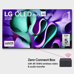 מבט קדמי על LG OLED TV, מדגם ‏OLED M4 SIGNATURE שמוצגים על המסך שלה הסמל של טלוויזיית OLED מספר 1 בעולם במשך 11 שנים ברציפות, הלוגו של webOS Re:New Program, הלוגו של 5 שנות אחריות על הפאנל, Zero Conne