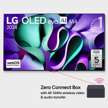 מבט קדמי על LG OLED TV, מדגם ‏OLED M4 SIGNATURE שמוצגים על המסך שלה הסמל של טלוויזיית OLED מספר 1 בעולם במשך 11 שנים ברציפות, הלוגו של webOS Re:New Program, הלוגו של 5 שנות אחריות על הפאנל, Zero Conne