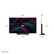 LG טלוויזיה חכמה LG OLED evo AI C5 4K 144Hz בגודל ‏48 אינץ', עם AI Magic remote ו-webOS25 ‏2025 , מבט קדמי ומבט צדדי על הטלוויזיה החכמה LG OLED evo AI C5 4K המציגה את ממדי האורך, הרוחב, הגובה והעומק שלה., OLED48C56LA, thumbnail 4