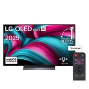 LG טלוויזיה חכמה LG OLED evo AI C5 4K 144Hz בגודל ‏48 אינץ', עם AI Magic remote ו-webOS25 ‏2025 , מבט קדמי של הטלוויזיה החכמה LG OLED evo AI C5 4K. סמל של 12 שנים מספר 1 בעולם OLED והלוגו של LG OLED evo AI 2025 על המסך., OLED48C56LA, thumbnail 1