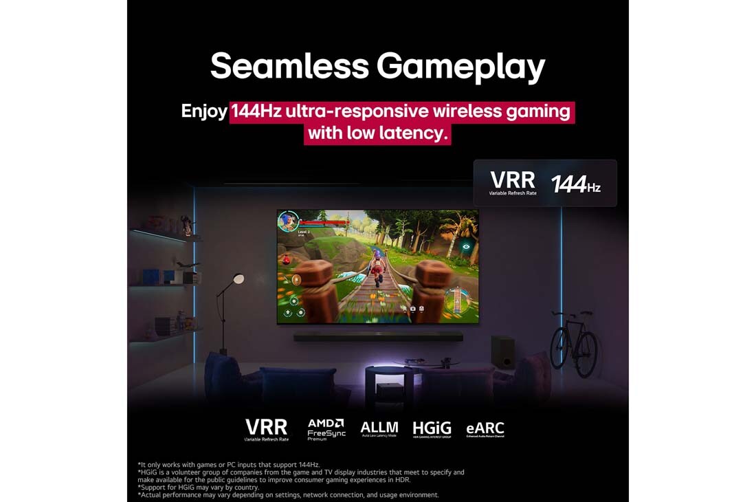 LG טלוויזיה חכמה LG QNED evo AI QNED9M 4K 120Hz ‏‏בגודל 86 אינץ', עם AI Magic remote ו-webOS25 ‏2025 , סלון מואר באור עמום עם מסך משחק המוצג על מסך QNED9M. תיבת Zero connect box נמצאת בתוך שולחן קפה. הטקסט מתאר גיימינג אלחוטי אולטרה-מהיר בקצב ריענון של 144Hz עם זמן תגובה נמוך., 86QNED9MA6A, thumbnail 5