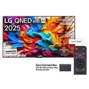 LG טלוויזיה חכמה LG QNED evo AI QNED9M 4K 120Hz ‏‏בגודל 86 אינץ', עם AI Magic remote ו-webOS25 ‏2025 , מבט קדמי על טלוויזיית LG QNED evo AI מסדרת QNED9M. לוגו LG QNED evo AI בפינה העליונה. LG QNED evo TV מציגה טקסטורות צבעוניות של צבעים המתאגדים יחד. Zero Connect Box בפינה עם הכותרת, Zero Connect Box ע, 86QNED9MA6A, thumbnail 1