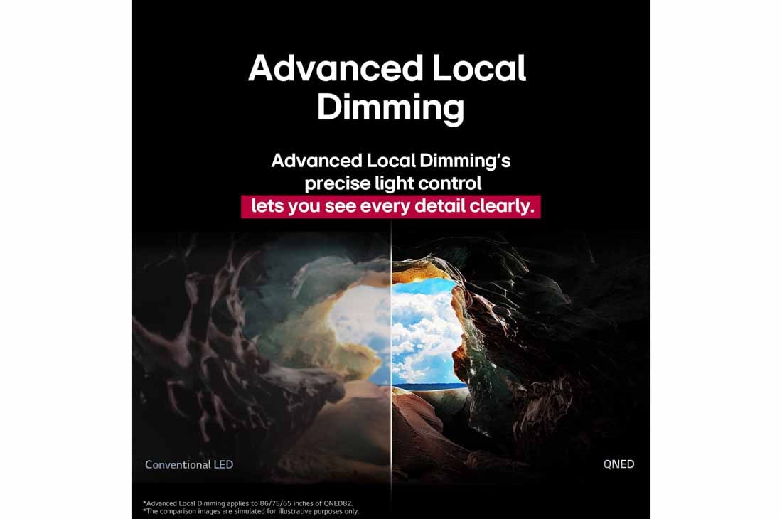 LG טלוויזיה חכמה LG QNED AI QNED82 4K ‏‏בגודל 86 אינץ', עם AI Magic remote‏, HDR10 ו-webOS25 ‏2025 , פרספקטיבה המשקיפה מתוך מערה אל פתחה שם ניתן לראות שמיים ואופק כחולים. הסצנה כולה מחולקת לשניים כדי להראות את היכולת של Advanced Local Dimming של QNED. מצד אחד, הצבעים והפרטים דהויים וחזות התמונה נראית, 86QNED82A6A, thumbnail 8