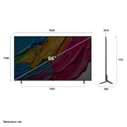LG טלוויזיה חכמה LG QNED AI QNED80 4K ‏‏בגודל 86 אינץ', עם AI Magic remote‏, HDR10 ו-webOS25 ‏2025 , מבט קדמי ומבט צדדי על הטלוויזיה החכמה LG QNED AI QNED80 4K המציגה את ממדי האורך, הרוחב, הגובה והעומק שלה., 86QNED80A6A, thumbnail 4