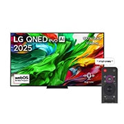 LG טלוויזיה חכמה 75 אינץ' LG QNED evo AI QNED86 ‏MiniLED 4K, תדר רענון 120Hz, שלט Magic AI, מערכת הפעלה webOS 25 ‏(דגם 2025), מבט קדמי של LG QNED evo QNED92 TV, לוגו של LG QNED evo Al בפינה העליונה. LG QNED evo QNED92 TV מציגה טקסטורות צבעוניות של צבעים המתאגדים יחד., 75QNED86A6A, thumbnail 1