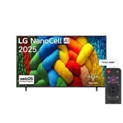 LG טלוויזיה חכמה LG NanoCell AI NANO80 4K ‏בגודל 75 אינץ', עם AI Magic remote, ‏HDR10 ו-webOS25 ‏2025 , מבט קדמי על טלוויזיית NanoCell, לוגו LG NanoCell Al בפינה העליונה. טלוויזיית LG NanoCell NANO80 מתארת ​​מרקמים צבעוניים בדומה לציור המתחברים יחד., 75NANO80A6A, thumbnail 1