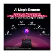 LG טלוויזיה חכמה LG NanoCell AI NANO80 4K ‏בגודל 75 אינץ', עם AI Magic remote, ‏HDR10 ו-webOS25 ‏2025 , LG AI Magic Remote עם כפתור ה-AI מודגש. מסביב לו הפונקציות השונות אליהן המשתמש יכול להגיע עם הלחצן. AI Voice ID, AI Search, AI Chatbot, AI Concierge, AI Picture Wizard, AI Sound Wizard. הטקסט מסביר שה, 75NANO80A6A, thumbnail 10