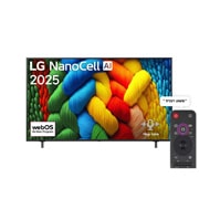 LG טלוויזיה חכמה LG NanoCell AI NANO80 4K ‏בגודל 65 אינץ', עם AI Magic remote, ‏HDR10 ו-webOS25 ‏2025 , מבט קדמי על טלוויזיית NanoCell, לוגו LG NanoCell Al בפינה העליונה. טלוויזיית LG NanoCell NANO80 מתארת ​​מרקמים צבעוניים בדומה לציור המתחברים יחד., 65NANO80A6A, thumbnail 1