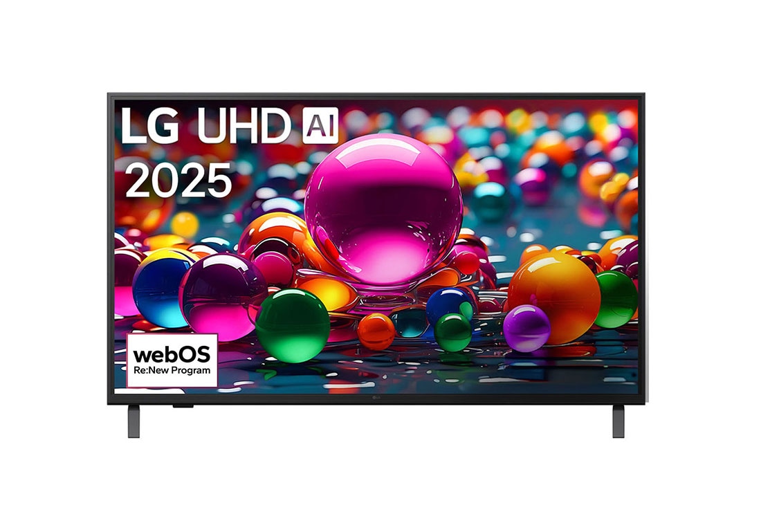 LG טלוויזיה חכמה LG UHD AI UA80 4K ‏‏בגודל 43 אינץ', ‏HDR10 ו-webOS25 ‏2025 , מבט קדמי על טלוויזיית UHD ua80 TV, לוגו LG UHD Al בפינה העליונה. LG UHD TV מציגה ​​מרקמים צבעוניים המשתלבים יחד בדומה לציור., 43UA80006LC