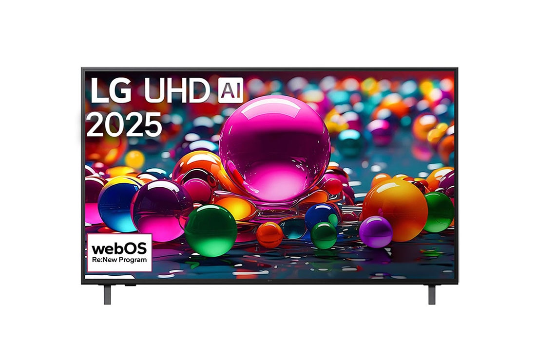 LG טלוויזיה חכמה LG UHD AI UA80 4K ‏‏בגודל 55 אינץ', ‏HDR10 ו-webOS25 ‏2025, מבט קדמי על טלוויזיית UHD ua80 TV, לוגו LG UHD Al בפינה העליונה. LG UHD TV מציגה ​​מרקמים צבעוניים המשתלבים יחד בדומה לציור., 55UA80006LC