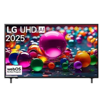 מבט קדמי על טלוויזיית UHD ua80 TV, לוגו LG UHD Al בפינה העליונה. LG UHD TV מציגה ​​מרקמים צבעוניים המשתלבים יחד בדומה לציור.1