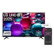 LG טלוויזיה חכמה LG UHD AI UA73 4K ‏‏בגודל 65 אינץ', ‏HDR10 ו-webOS25 ‏2025 , מבט קדמי על טלוויזיית UHD UA75 TV, לוגו LG UHD Al בפינה העליונה. LG UHD TV מציגה ​​מרקמים צבעוניים המשתלבים יחד בדומה לציור., 65UA73006LA, thumbnail 1