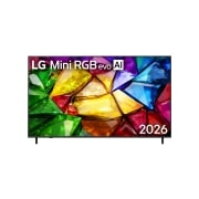 LG 75 אינץ' LG Mini RGB evo AI MRGB85 4K Smart TV 2026, מבט קדמי על טלוויזיית LG Mini RGB evo AI MRGB85, שיצאה לשוק בשנת 2026, כוללת מסגרת שחורה דקה עם רגליים קצרות, בעוד שתמונה מלאת חיים וקריסטלית של היבטים צבעוניים מוגדרים בחדות ממלאת את המסך., 75MRGB85B6C, thumbnail 1
