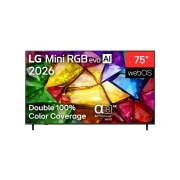 LG 75 אינץ' LG Mini RGB evo AI MRGB85 4K Smart TV 2026, מבט קדמי על טלוויזיית LG Mini RGB evo AI MRGB85, שיצאה לשוק בשנת 2026, מציגה תמונה קריסטלית של היבטים צבעוניים מוגדרים בחדות, הכוללת מסך בגודל 75 אינץ', webOS,‏ 100% כיסוי צבע כפול ומעבד ה-alpha 8 AI , 75MRGB85B6C, thumbnail 2