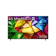 LG 86 אינץ' LG Mini RGB evo AI MRGB85 4K Smart TV 2026, מבט קדמי על טלוויזיית LG Mini RGB evo AI MRGB85, שיצאה לשוק בשנת 2026, כוללת מסגרת שחורה דקה עם רגליים קצרות, בעוד שתמונה מלאת חיים וקריסטלית של היבטים צבעוניים מוגדרים בחדות ממלאת את המסך., 86MRGB85B6C, thumbnail 1