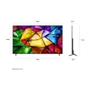 LG 86 אינץ' LG Mini RGB evo AI MRGB85 4K Smart TV 2026, טלוויזיית LG Mini RGB evo AI MRGB85 מוצגת מקדימה ומהצד מדגישה את התצוגה בגודל 75 אינץ' עם מסך רחב 1677 מ"מ, גובה מסך של 966 מ"מ, גובה של 1032 מ"מ עם מעמד, עומק של 51.6 מ"מ ושטח בסיס המעמד בגודל 1499 ע, 86MRGB85B6C, thumbnail 3