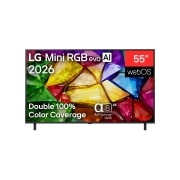 LG 55 אינץ' LG Mini RGB evo AI MRGB85 4K Smart TV 2026, מבט קדמי על טלוויזיית LG Mini RGB evo AI MRGB85, שיצאה לשוק בשנת 2026, מציגה תמונה קריסטלית של היבטים צבעוניים מוגדרים בחדות, הכוללת מסך בגודל 75 אינץ', webOS,‏ 100% כיסוי צבע כפול ומעבד ה-alpha 8 AI , 55MRGB85B6C, thumbnail 2