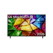 LG 55 אינץ' LG Mini RGB evo AI MRGB85 4K Smart TV 2026, מבט קדמי על טלוויזיית LG Mini RGB evo AI MRGB85, שיצאה לשוק בשנת 2026, כוללת מסגרת שחורה דקה עם רגליים קצרות, בעוד שתמונה מלאת חיים וקריסטלית של היבטים צבעוניים מוגדרים בחדות ממלאת את המסך., 55MRGB85B6C, thumbnail 1