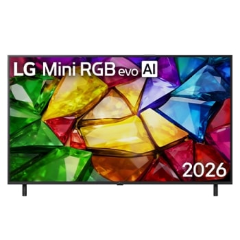 מבט קדמי על טלוויזיית LG Mini RGB evo AI MRGB85, שיצאה לשוק בשנת 2026, כוללת מסגרת שחורה דקה עם רגליים קצרות, בעוד שתמונה מלאת חיים וקריסטלית של היבטים צבעוניים מוגדרים בחדות ממלאת את המסך.1