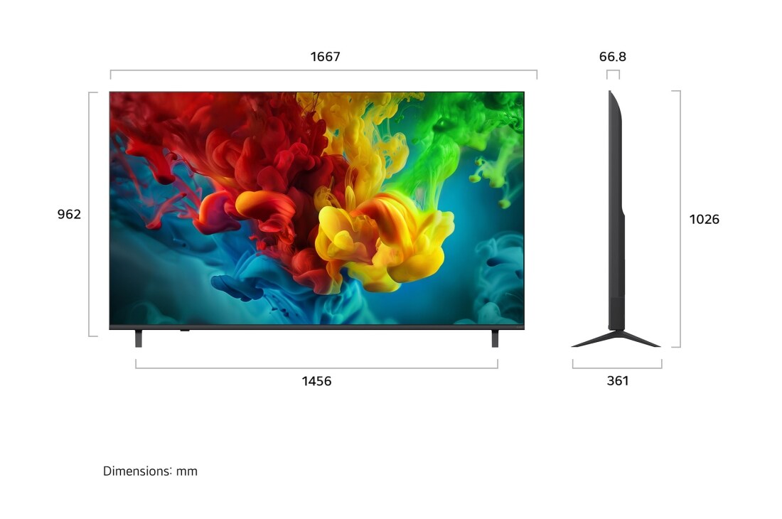 LG טלוויזיה חכמה LG QNED evo AI Mini LED QNED84 4K 2026 75&nbsp;אינץ', טלוויזיית LG QNED evo AI QNED82 Mini LED מוצגת מהחזית ומהצד מדגישה תצוגה בגודל 75 אינץ' עם מסך רחב של 1667 מ"מ, גובה מסך של 962 מ"מ, גובה של 1026 מ"מ עם מעמד, עומק פרופיל של 66.8 מ"מ ושטח בסיס מעמד בג, 75QNED84B6T, thumbnail 2
