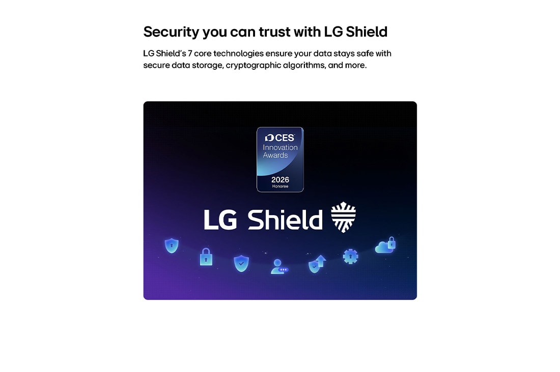 LG טלוויזיה חכמה LG QNED evo AI Mini LED QNED90 4K 2026 85 אינץ', LG Shield, המיושם על טלוויזיית LG QNED evo AI Mini LED QNED90, מוצג עם לוגו LG Shield במרכז, סמלי אבטחה מתחתיו, ואות הצטיינות בפרסי החדשנות של CES לשנת 2026 מעליו, המייצגים את הגנת הנתונים והמערכת., 85QNED93B6A, thumbnail 8