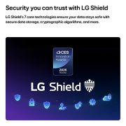 LG טלוויזיה חכמה LG QNED evo AI Mini LED QNED90 4K 2026 85 אינץ', LG Shield, המיושם על טלוויזיית LG QNED evo AI Mini LED QNED90, מוצג עם לוגו LG Shield במרכז, סמלי אבטחה מתחתיו, ואות הצטיינות בפרסי החדשנות של CES לשנת 2026 מעליו, המייצגים את הגנת הנתונים והמערכת., 85QNED93B6A, thumbnail 8