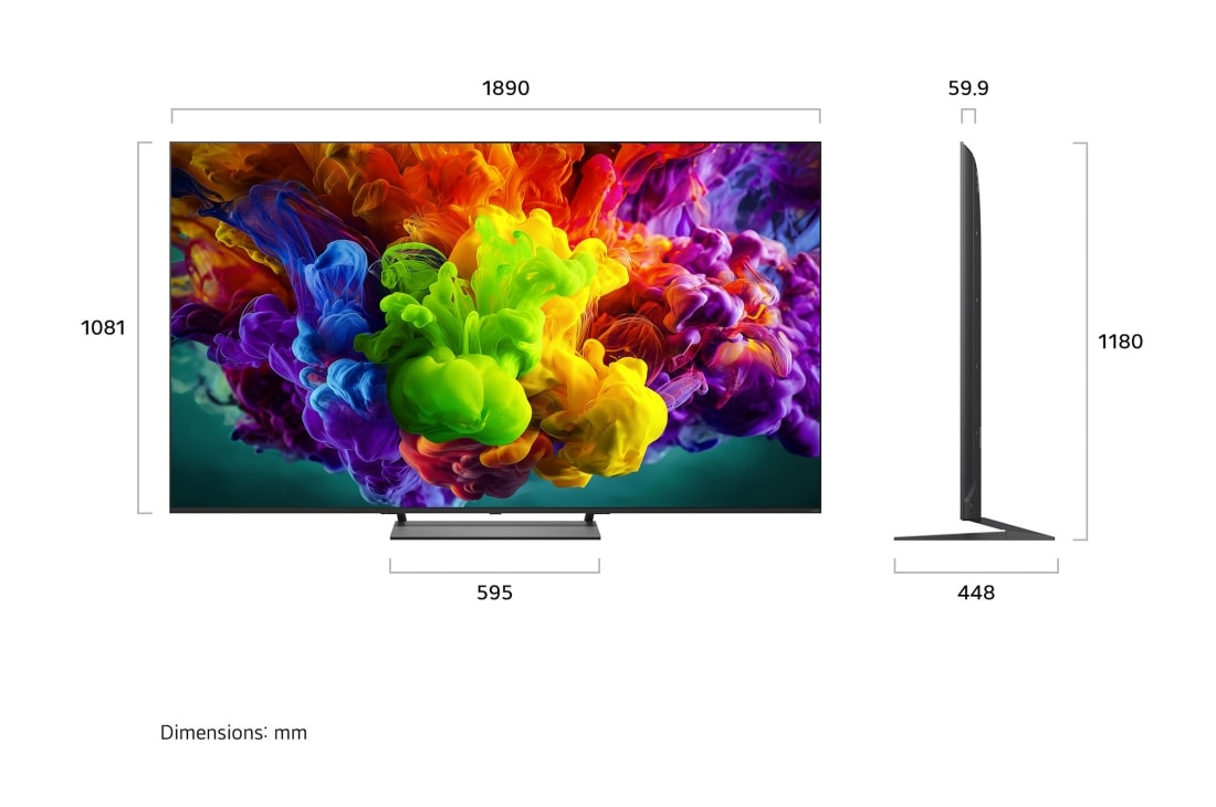 LG טלוויזיה חכמה LG QNED evo AI Mini LED QNED90 4K 2026 85 אינץ', טלוויזיית LG QNED evo AI Mini LED QNED90 מוצגת מהחזית ומהצד מדגישה תצוגה בגודל 85 אינץ' עם מסך רחב של 1890 מ"מ, גובה מסך של 1081 מ"מ, גובה של 1180 מ"מ עם מעמד, עומק פרופיל של 59.9 מ"מ ושטח בסיס מעמד ב, 85QNED93B6A, thumbnail 2