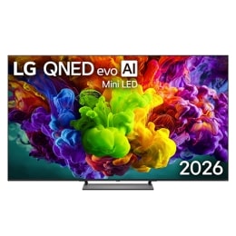 מבט על חזית טלוויזיית LG QNED evo AI Mini LED QNED90, שיצאה לשוק בשנת 2026, ממלאת את המסך בהתפרצויות מלאות חיים ונוזליות של תנועה רב-צבעית, דמוית צבע, בעוד עננים צפופים של צבעים המשתלבים בצורה חלקה על2