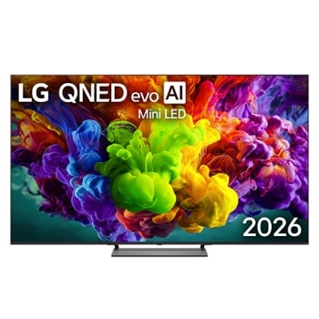מבט על חזית טלוויזיית LG QNED evo AI Mini LED QNED90, שיצאה לשוק בשנת 2026, ממלאת את המסך בהתפרצויות מלאות חיים ונוזליות של תנועה רב-צבעית, דמוית צבע, בעוד עננים צפופים של צבעים המשתלבים בצורה חלקה על1