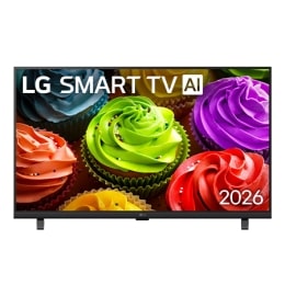 תצוגת חזית של טלוויזיה חכמה LG SMART TV AI LB65 FHD, שהושקה בשנת 2026, ממלאת את המסך עם תקריב של עוגות קאפקייק צבעוניות, המדגישה את הציפוי החלק, הצבעים המגוונים ופרטי שטח ברורים על פני התצוגה כולה.2
